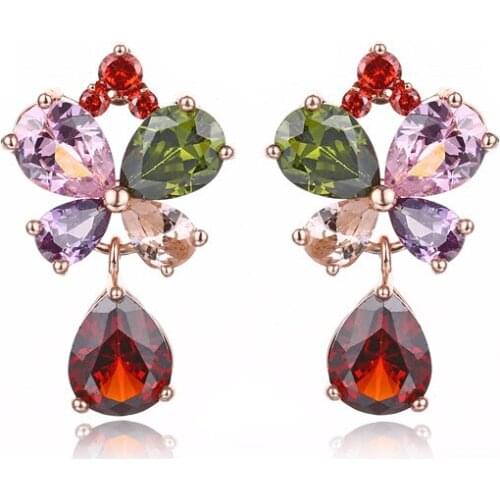 FYM Fashion High Quality Flower Shape Colorful Wedding Stud Earrings Cubic Zirconia Bride Jewelry Earring For Women Party