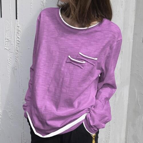 Cotton Solid Women T-Shirts Summer New O-Neck Long-Sleeved Loose Casual All Match Female Pulls Outwear Tops Tees