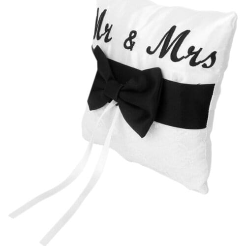 Mr & Mrs Satin Ribbon Bow Wedding Ring Pillow Cushion 15cm White and Black