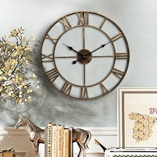 European Wall Clock Living Room Fashion Silent Wall Clock Retro Metal Wall Clock Circular Hollow Out Iron Art Wall Clcok