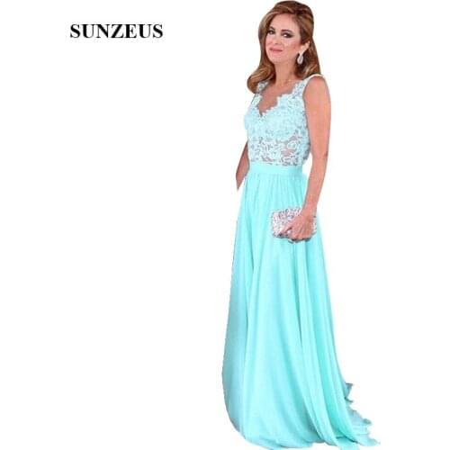 Sexy Illusion Lace Mother Of The Bride Dress Turquoise Chiffon Women Party Gowns A-line Floor Length Long Lady Dress CM208