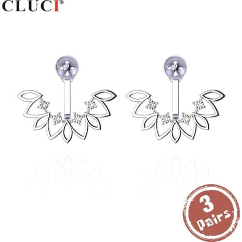 CLUCI 3 pair Silver 925 Zircon Earrings For Women 925 Sterling Silver Pearl Earring Mounting Flower Drop Earrings SE118SB