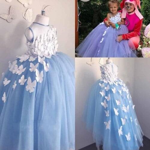 Cute Ball Gown Blue Puffy Tulle Baby Girl Birthday Party Dress with 3D Butterflies O Neck Kids Children Clothes for Christmas