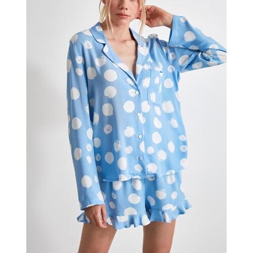 Blue Frilly Woven Pajamas Set new season womens sets 2021 casual homewear