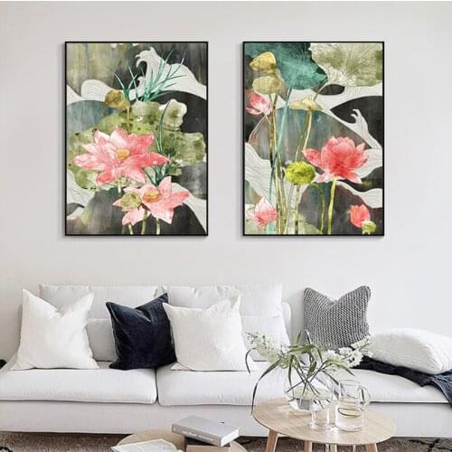 Traditional Pink Lotus Print Flower Canvas Painting Abstract Watercolor Leaf Poster Wall Picture for Living Room Buddha Decor