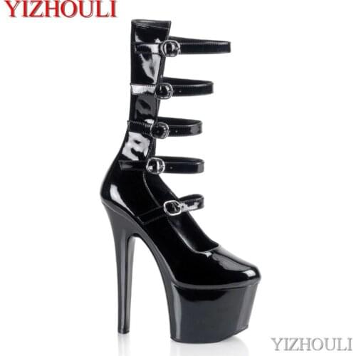 Party pole dancing show: 17cm high ankle boots, 7in buckle for sexy models, dancing shoes