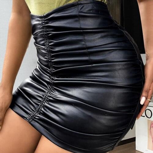 Sheath Skirt Women Solid Color Faux Leather Shirring Mini Short Skirt High Waist for Parties korean fashion Women Clothing