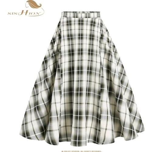 SISHION School Girl High Waist Vintage Plaid Midi Skirts Saia A Line Swing Summer Autumn 50s 60s Womens Rockabilly Skirt VD2227