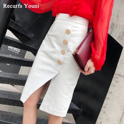 Faldas Mujer Moda 2020 Winter Womens Genuine Leather Simple Golden Buttons Midi Long Skirt Femme Slit Jupe Black/White Saias
