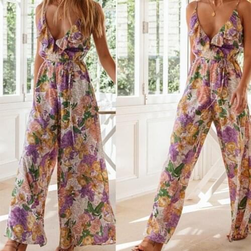2021 Spring Women Floral Jumpsuits Summer Elastic Waist Ruffle Romper Women V-neck Button Wild Leg Boho Playsuits Female New