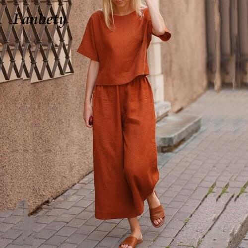 Fashion Solid Cotton Linen Home Suit 2021 Summer Women Two Piece Sets Ladies New Casual Short Sleeve Tops+Wide Leg Pants Outfits
