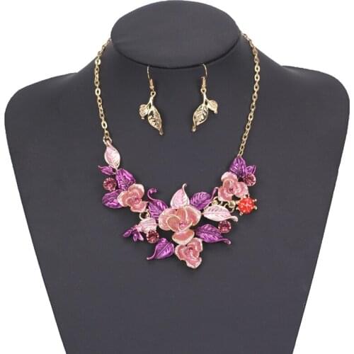 Trendy Flower Colorful Enamel Pendant Crystal Necklace Earrings Jewelry Sets Women Statement Necklace Earring Set Duftgold