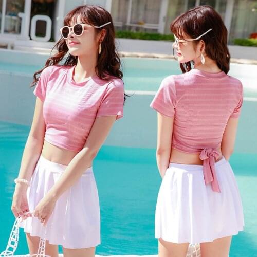 2021 New Korean Sexy Bikini Push Up Swimsuit Stripe Women Swimwear Solid Female Bathing Suit Beach Two Piece Swimskirt