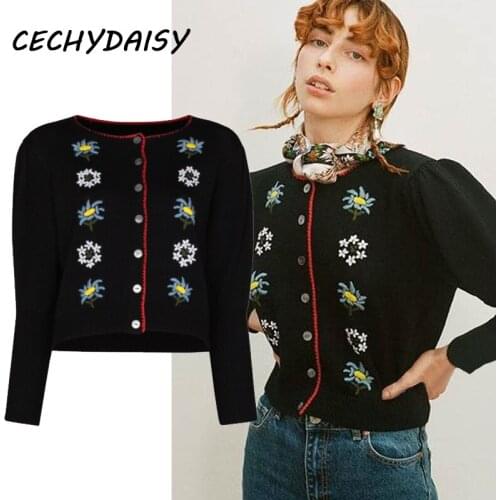 Sweater Cardigan Women Harajuku Embroidery Flowers O-Neck Casual Long Sleeve Single Breasted Vintage Knitted Outwear Tops Femme