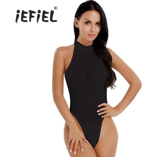 IEFiEL Women Lingerie Bodystocking Sleeveless Mock Neck High Cut Crotchless Open Butt Thong Leotard Sexy Wetlook Body Suit