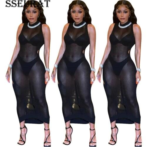 SSEURAT Womens Sexy Nightclub Dress Pure Color Slim Burned-Out Sleeveless Dresses New Summer 2021