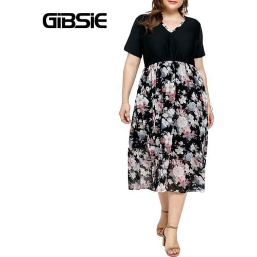 GIBSIE Plus Size Patchwork Floral Print Dress Women Elegant Vintage Midi Dresses 2021 Summer V-Neck Short Sleeve A-line Dress