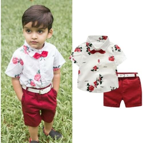 2PCS Kids Toddler Baby Boy Tie short sleeve Floral T-shirt Tops+red shorts Gentleman Suits Wedding Party Summer Outfit