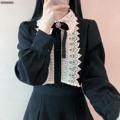 2021 New Year Womens Japan Preppy Style White Lace Cotton Blend Tops Black Pink Cute Sweet Single Breasted Button Shirts