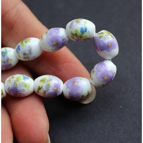 28Pieces Oval Ceramic Beads 10.4mm*8mm Purple Flower for jewelry making 4477