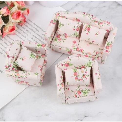 3Pcs Artificial Furnitures Mini Wooden Dollhouse Furniture Sofa Set Miniature Living Room Kids Pretend Play Toy