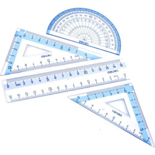 4pcs / set of Deli 9594 blue multifunctional drawing combination ruler + triangle plate + protractor, student office stationery