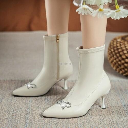 White Leather Spike Heel Ankle Boots Women Pointed Toe Zipper Shoes High Heel Butterfly Knot Crystal Fashion Shoes Female