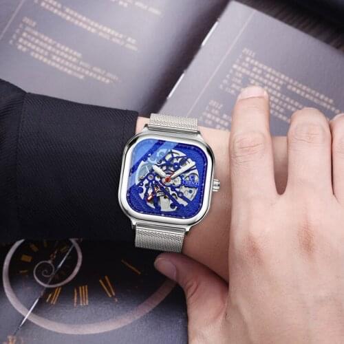 CHENXI New Square Mechanical Watch Mens Business Waterproof Luminous Automatic Luxury Steel Band Hollow Watch WA211