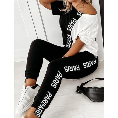Letter Pint Off Shoulder Tracksuit Women Two Piece Set Summer Clothes Short Sleeve Colorblock Top Pants Suit Womens Sets Outfit