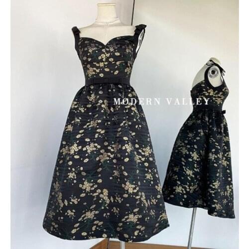 Summer French Style Vintage Printed Spaghet Strap Dress Elegant Bowknot Backless Party Ball Gown Princess