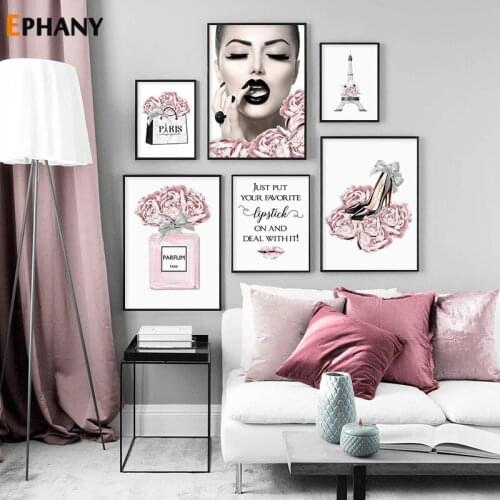 Fashion Makeup Women Wall Art Heels Shoese Canvas Painting Poster Pink Flower Trendy Print Picture for Living Room Home Decor