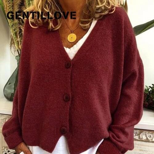 Fashion Knitted Loose Women Cardigan Sweater Autumn Winter New Style V Neck Single-row Button Long Sleeve Casual Jacket