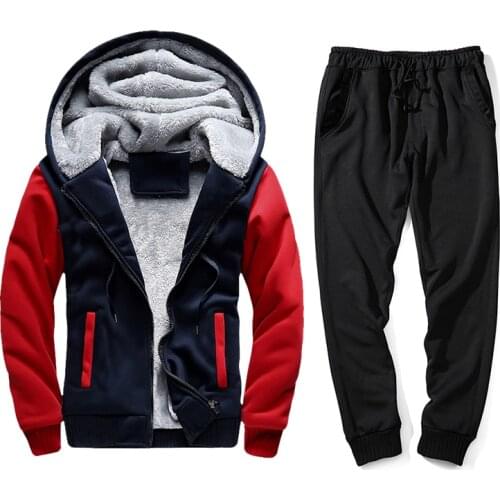 Youth Sports Suits for Autumn and Winter Contrast Hooded Jacket with Solid Color Trousers Casual Loose Plus Velvet Thick Hoodies