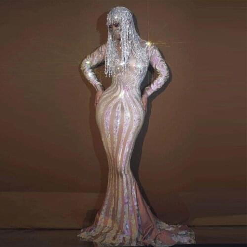 Mutilcolor Sequins Long Sleeve Rhinestones Dress Women Prom Party Celebrate Birthday Long Tail Dress Sexy Evening Stage Costume