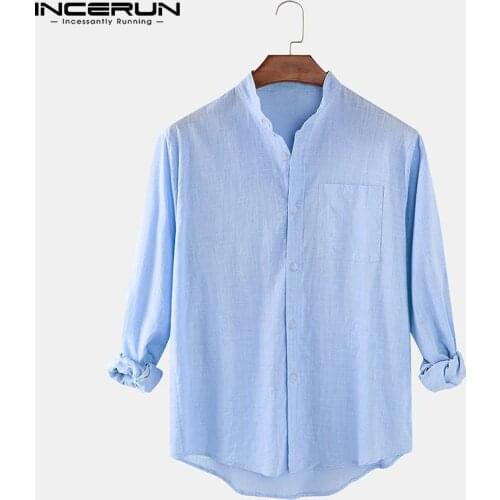 INCERUN 2021 Men Shirt Solid Color Cotton Stand Collar Long Sleeve Streetwear Casual Men Clothing Leisure Camisas Harajuku S-3XL
