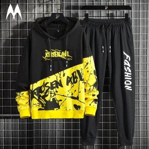 Print Tracksuit Men Set 2021 Street Trend Hip Hop 2 Piece Set Mens Fashion Hoodies Sweatpant Mens Patchwork Sportwear Streetwear