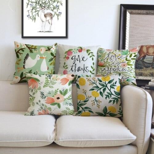 Tropical Flowers Birds Print Home Decoration Sofa Pillow Covers Pink Yellow Floral Letters Print Thanksgiving Day Cushion Covers