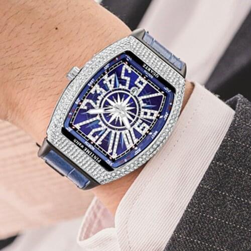 New Tonneau Watch Men Diamond Blue Hip Hop Mens Watches Top Brand Luxury Military Man Wrist Watch Zegarek Meski Montre Homme