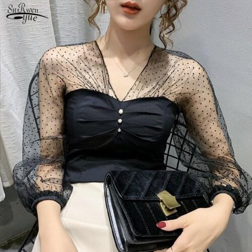 Fall 2020 Lantern Sleeve Wave Dot Mesh Short Top Sexy V-neck Lace Bottoming Blouse for Women Fashion Blusa Chemisier Femme 12098