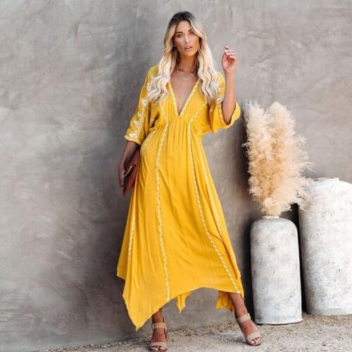 Trend Yellow Trumpet Dress Bright A-Line Maxi Dress Rayon Flare Long Prom Dress Elegant Deep V-neck Sexy Embroidery Frock
