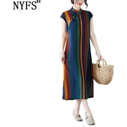 NYFS Summer dress 2021New Vintage Loose Cotton Linen Striped Woman Dress Vestidos Robe Over the Knee Dress