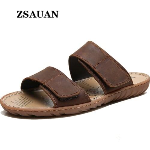 ZSAUAN Large Size Genuine Leather Men Slippers Beach Casual Men Sandals Adjustable Summer Indoor Men Flats Handmade