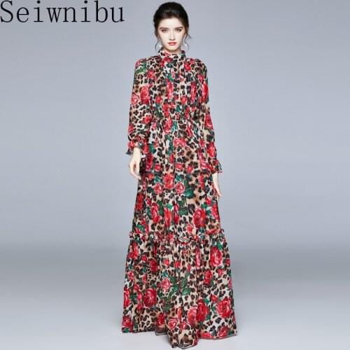 Seiwnibu Women Spring New Fashion Female Stand Neck Rose Floral Print Bohemia Long Sleeve Fashion Party Maxi Dress Vestidos