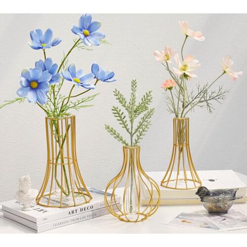 Nordic Golden Glass Vase Iron Hydroponic Plant Flower Vase Tabletop Coffee Shop Office Home Decoration Accessories Modern desk