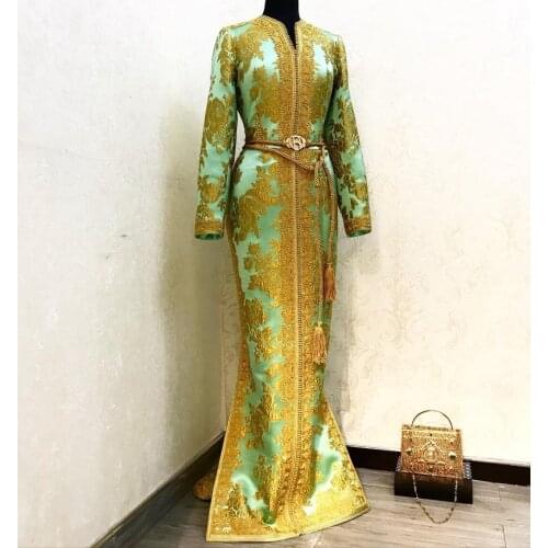 Light Green Moroccan Caftan Evening Dress With Gold Applique A-Line Floor Length Split Dubai Muslim Special Occasion Plus Size