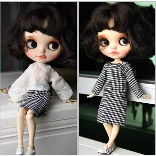 Houndstooth Tops Plaided Skirt for Blyth Fashion Doll Clothes Set Long Puff Sleeve Shirt for Blythe Doll Outfits 1/6 BJD Toys