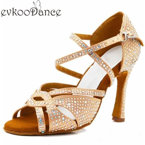 Evkoodance khaki black Satin Dancing Shoes with rhinestone 10cm heel Professional Zapatos De Baile Latin Ballroom dance Shoes