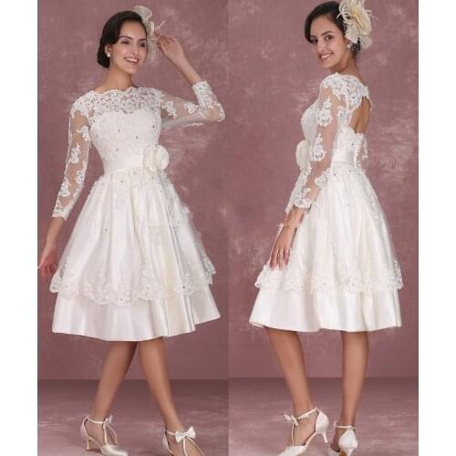 Vintage Wedding Dresses 1950s Short Bridal Dress Lace Applique Long Sleeve Keyhole Flower Sash Tiered vestidos de noiva