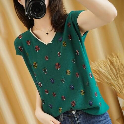 T-shirt womens 2021 summer new cotton knitwear casual cartoon sweater short-sleeved V-neck pullover top plus size tees