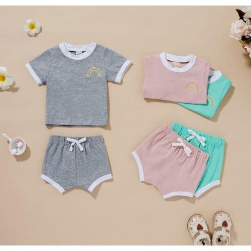 Pudcoco 0-3T 2Pcs Summer Rainbow Embroidery Print Short Sleeve T-Shirt Tops+Lace-Up Drawstring Shorts Pants Outfit Set Tracksuit